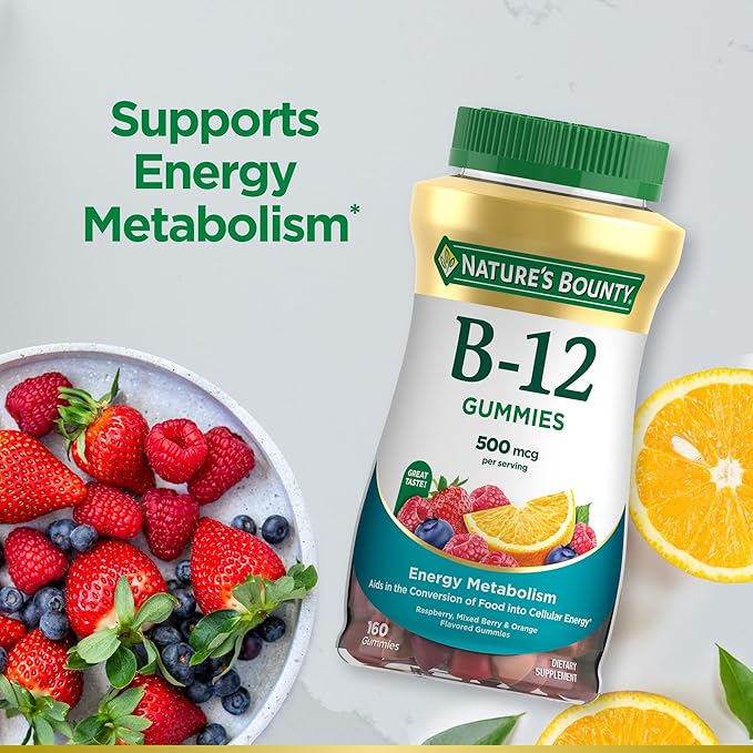 Nature's Bounty Vitamin B12 Gummies, Dietary Supplement, Supports Energy Metabolism and Nervous System Health, Mixed Berry Flavor, 500mcg, 160 Count (Pack of 2)