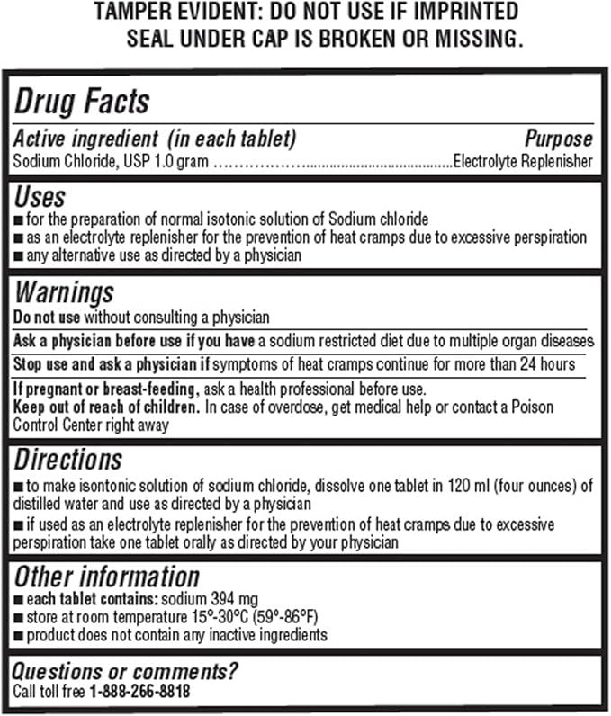 Sodium Chloride Tablets 1gm | Electrolyte Salt for POTS Syndrome and Dysautonomia Support | Rapid Rehydration| 15.4gr. | 300 Count | Made in The USA