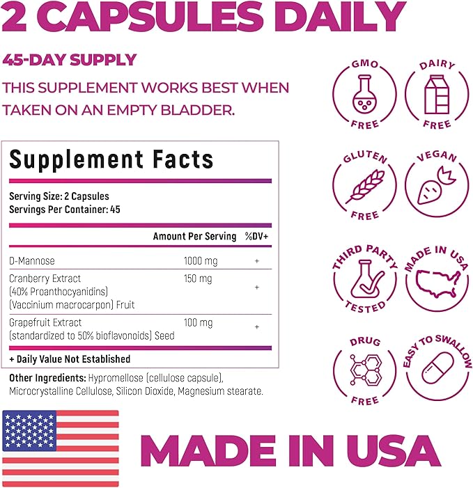 Bladder Control Supplement, D Mannose with Cranberry, 1000mg for Bladder Control. Advanced Kidney Support for Urinary Tract Health. Premium Bladder, Detox and Repair, 90 Capsules, Made in USA