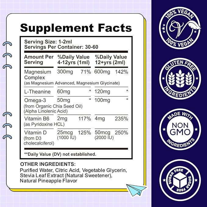 Kids Magnesium Liquid Drops-Magnesium Glycinate Liquid for Kids Supplement-w/L-theanine, Omega-3, Vitamin B6, D3 - for Sleep, Relaxation, Brain, Bones - Pineapple Flavor, 2 Fl Oz