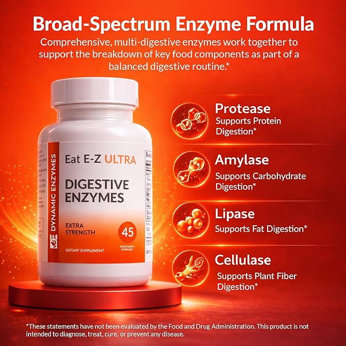 Eat E-Z Ultra Advanced Digestive Enzyme Supplement – Broad-Spectrum Multi-Enzyme Formula for Heavier & Harder-to-Digest Meals – Supports Occasional Bloating, Gas & Indigestion – 45 Vegetarian Capsules