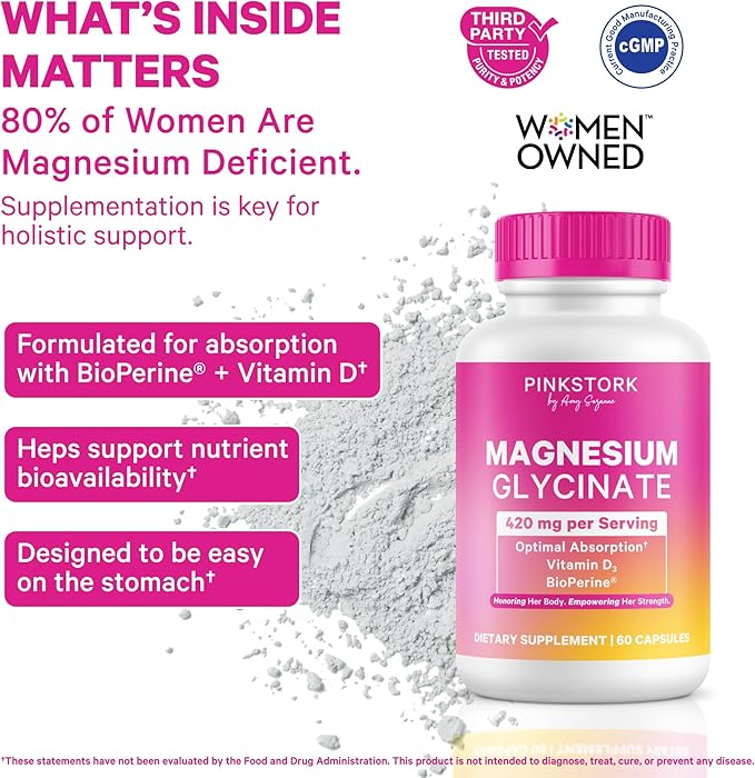 Pink Stork Magnesium Glycinate with Vitamin D - Magnesium Supplement for Women to Support Natural Calm, Mood, and Sleep - Hormone Balance for Women - 60 Capsules, 1 Month Supply