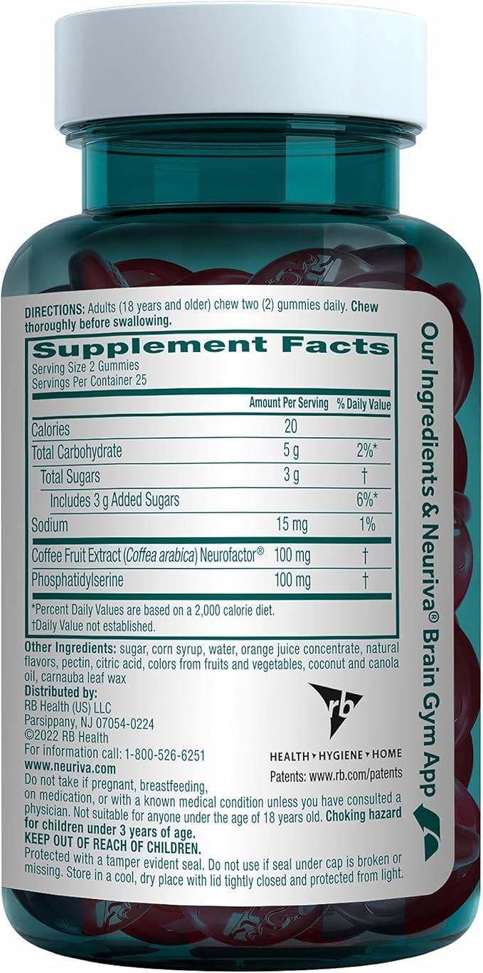 NEURIVA Original Brain Supplement for Memory, Focus & Concentration + Learning & Accuracy with Clinically Tested Nootropics Phosphatidylserine and Neurofactor, Strawberry Flavor, 50 Gummies