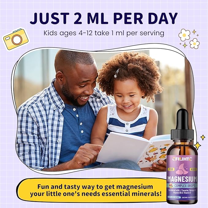 Kids Magnesium Liquid Drops-Magnesium Glycinate Liquid for Kids Supplement-w/L-theanine, Omega-3, Vitamin B6, D3 - for Sleep, Relaxation, Brain, Bones - Mixed Berry Flavor, 2 Fl Oz