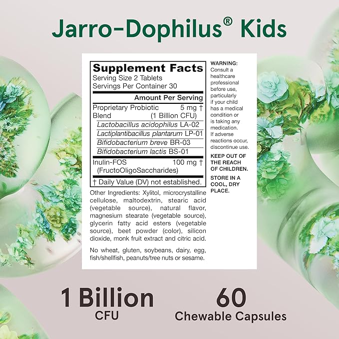 Jarrow Formulas® Jarro-Dophilus® Kids Probiotics and Prebiotics, 1 Billion CFU, Supplement for Intestinal and Immune Health Support, 60 Sugar-Free Raspberry-Flavored Chewable Tablets, 30 Day Supply