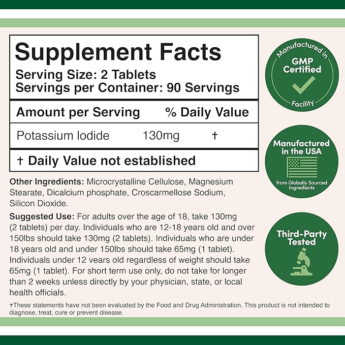 Potassium Iodide 130mg Tablets - Emergency Use for Exposure - 180 Count, 3 Month Supply - Double Wood Supplements (Pack of 2)
