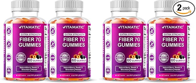 Vitamatic Prebiotic Fiber Gummies for Adults – 4 Pack (Total 120 Gummies) 7g Fiber per Serving | Extra Strength | Zero Sugar Added | Pectin-Based | Digestive Health & Regularity Support