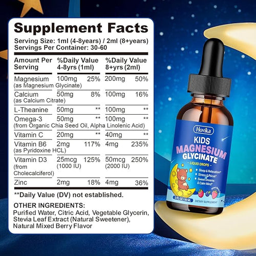2 Pack Magnesium Glycinate Liquid for Kids - Magnesium Glycinate Drops with L-Theanine Omega-3, Vitamin B6, D3, Zinc - Support Sleep, Relaxation, Calm & Focus - Mixed Berry Flavor