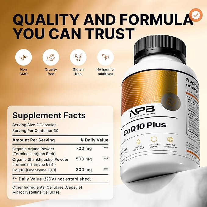 Nature's Pure Blend CoQ10 Plus – Antioxidant Formula with Arjuna & Shankhpushpi – CoQ10 Ubiquinol for Circulation, Blood Flow & Energy – Coenzyme Q10 Supplement for Immune System – 60 Capsules