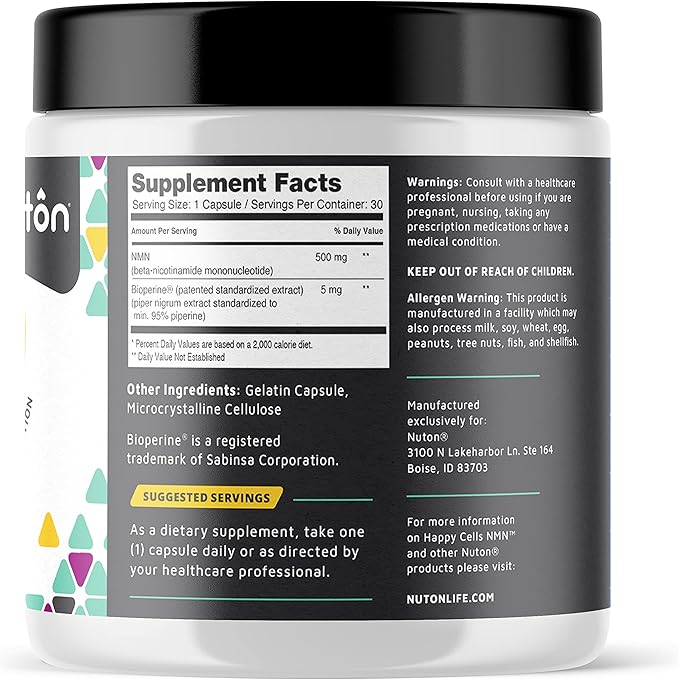 Nuton Happy Cells - NMN Supplement with Bioperine for Healthy Aging & Cellular Repair - NAD+ Supplement - Protects DNA, Promotes Skin Health & Brain Function - Vegan - Non-GMO Formula - 30 Capsules