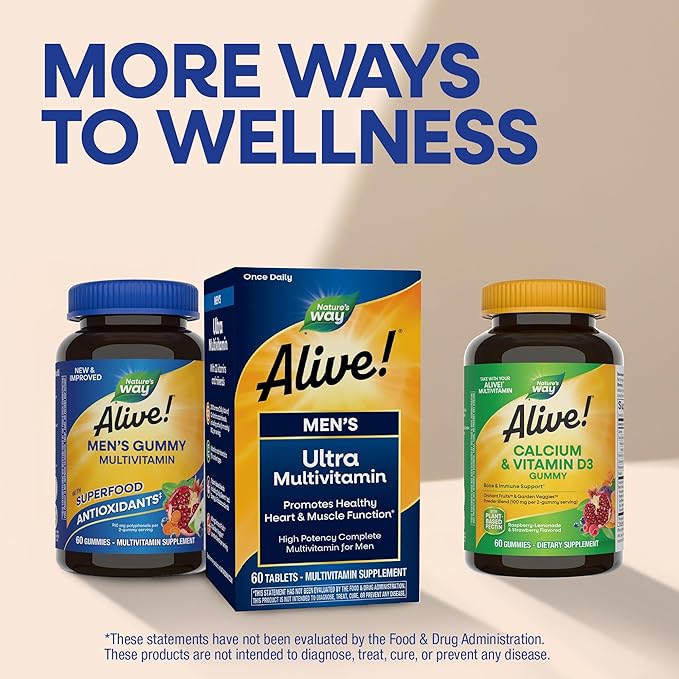 Nature's Way Alive! Men’s Multivitamin Gummies, Daily Gummy Vitamin for Men, Supports Cellular Energy Metabolism, Immune Health, Muscle Function*, with Vitamins A, C, D3, Zinc, Vegetarian, 60 Count