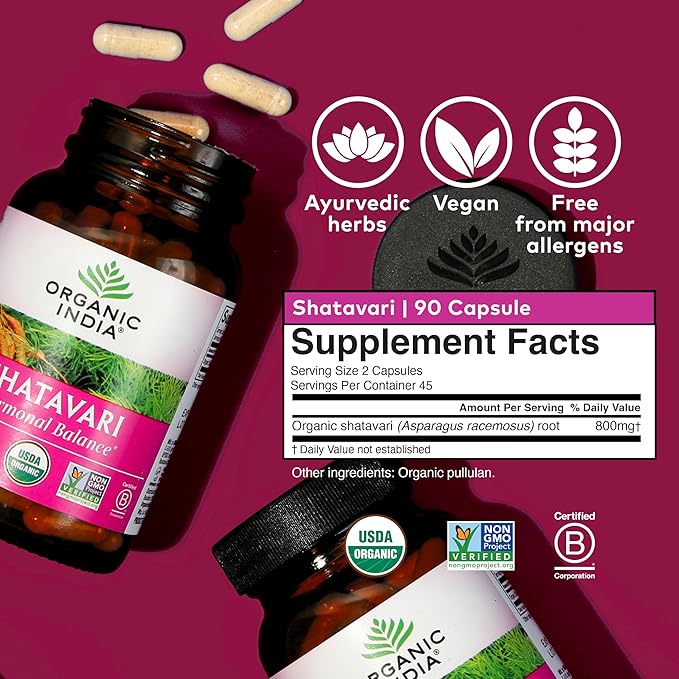 ORGANIC INDIA Shatavari Herbal Supplement - Supports Hormonal Balance, Immune and Inflammatory Response, Vegan, Gluten-Free, USDA Organic, Supports Reproductive Health - 90 Capsules