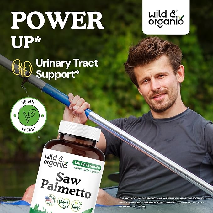 Wild & Organic Saw Palmetto Capsules 500 mg - Urinary Tract Support for Men & Women - Pure Saw Palmetto Supplement - Serenoa Repens Berries - 180 Days of Supply - Vegan, Non-GMO - 180 Count