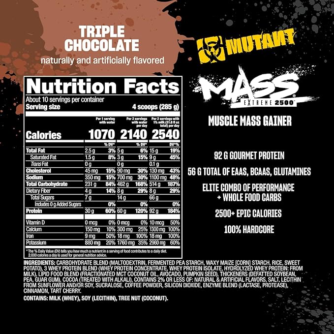 Mutant Mass Extreme 2500 - High Calorie Mass Gainer Whey Protein Powder with Whole Food Carbs - Muscle Building & Weight Gain for Extreme Hard Gainers - Triple Chocolate 6 lbs