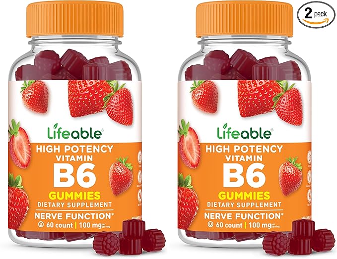 Lifeable Vitamin B6 Gummies | 100mg | Great Tasting VIT B6 Supplement | Vegan B6 Vitamins for Nerve Support Supplement | Vitamin B 6 for Adults, Men, Women | 60 Gummies (Pack of 2)