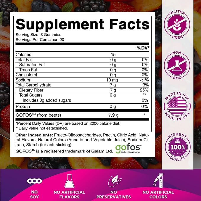 Vitamatic Prebiotic Fiber Gummies for Adults – 2 Pack (Total 120 Gummies) 7g Fiber per Serving | Extra Strength | Zero Sugar Added | Pectin-Based | Digestive Health & Regularity Support