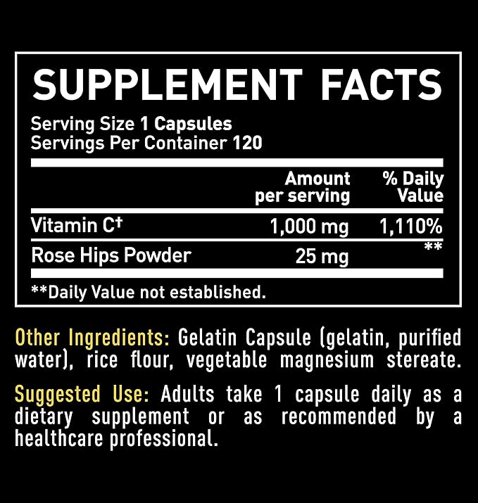 Vitamin C with Rose Hips 1000mg - Pure Ascorbic Acid Supplement - High Dose Vitamin C Capsules for Immune Support - 120 Count