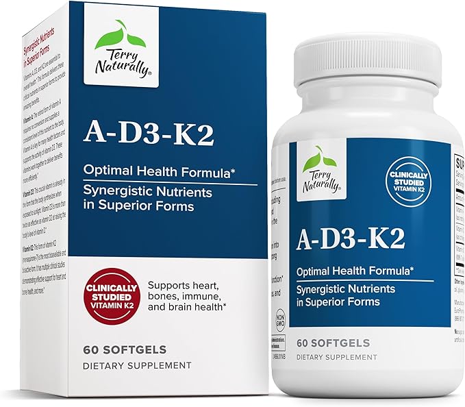 Terry Naturally A•D3•K2 - Healthy Supplement for Immune Support, Heart Health & Bone Support - Supplement for Strong Bones & Healthy Heart - Includes Vitamins A, D3 & K2-60 Softgels (60 Servings)