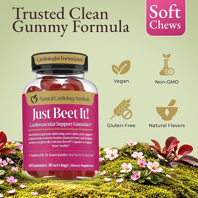Just Beet It! Beet Root Gummies - Blood Pressure & Circulation Support Beet Gummies - Nitric Oxide Booster with CoQ10 & Grape Seed Extract - Heart Health & Energy for Men & Women - 60 Beet Chews
