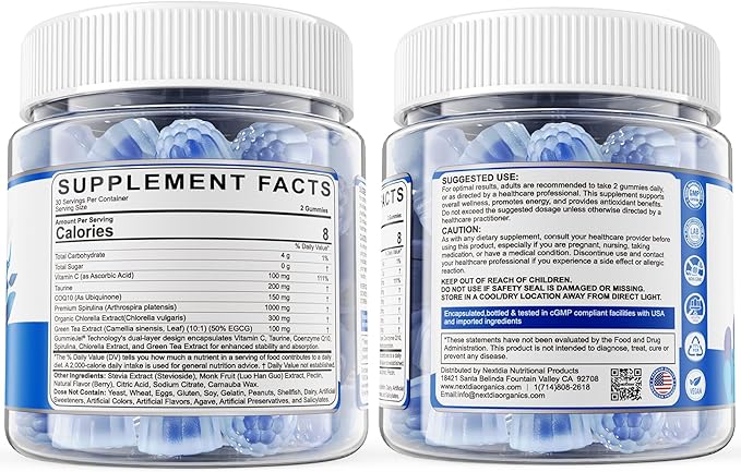 Organic Blue Spirulina Gummies, High Phycocyanin from Nutrient-Rich Blue-Green Algae for Antioxidants, Cellular Energy & Cleanse, Superfood w/Chlorella, CoQ10 & VC,Taurine,Green Tea, Sugar Free, 60 Ct