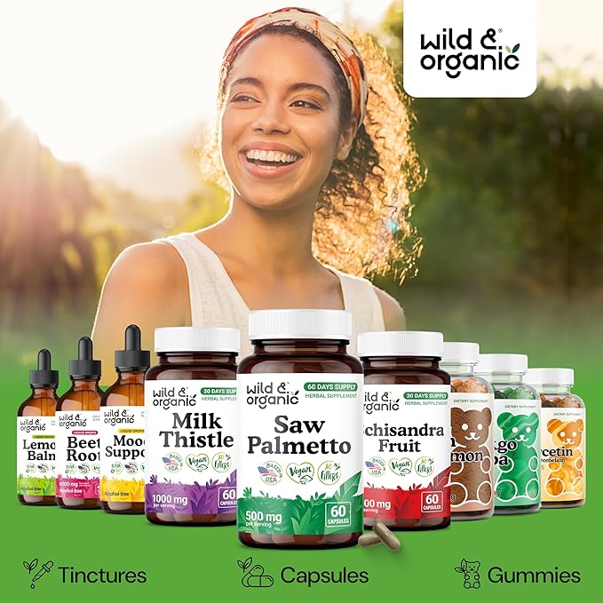 Wild & Organic Saw Palmetto Capsules 500 mg - Urinary Tract Support for Men & Women - Pure Saw Palmetto Powder Supplement - Serenoa Repens Berries - 60 Days of Supply - Vegan, Non-GMO - 60 Count