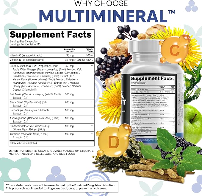 Clean Nutraceuticals Sea Moss Black Seed Oil Ashwagandha Turmeric Bladderwrack Burdock & Vitamin C Vitamin D3 with Elderberry Manuka Dandelion Yellow Dock Iodine Chlorophyll ACV - 2Pack