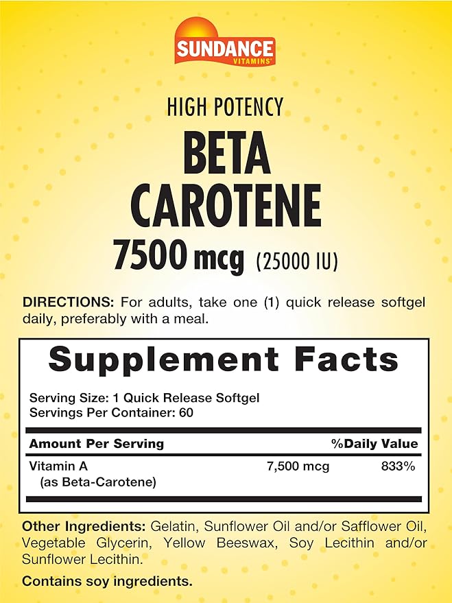 Sundance Beta Carotene 7500mcg | 60 Softgels | Provitamin A | High Potency Formula | Non-GMO and Gluten Free Supplement