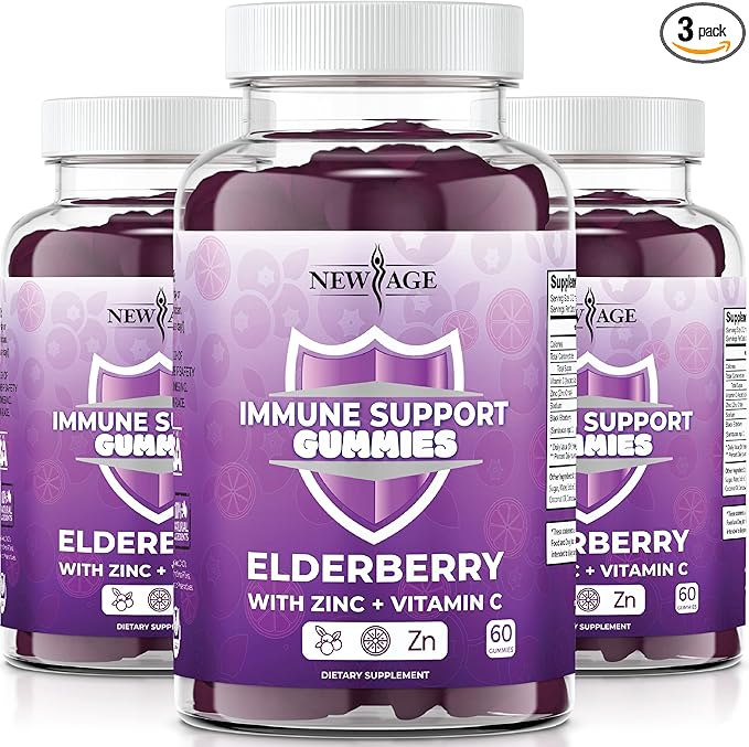NEW AGE Immune System Support Gummies - Sambucus Black Elderberry Gummies with Vitamin C and Zinc (180 Count (Pack of 3))