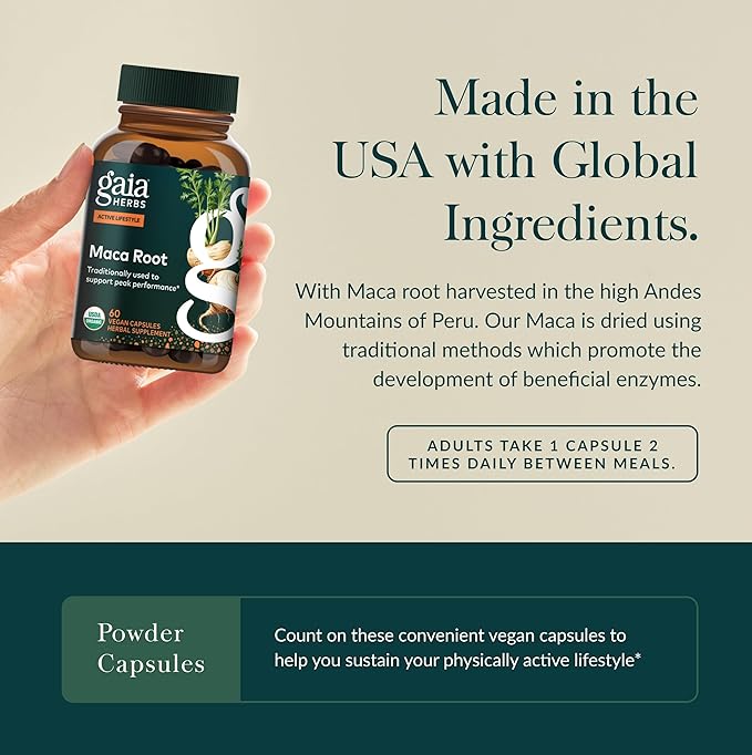 Gaia Herbs Maca Root - Caffeine-Free Energy Supplement - Traditionally Used to Support Healthy Energy & Stamina* - Made with Organic Maca Root (Lepidium meyenii) - 60 Vegan Capsules (60 Servings)