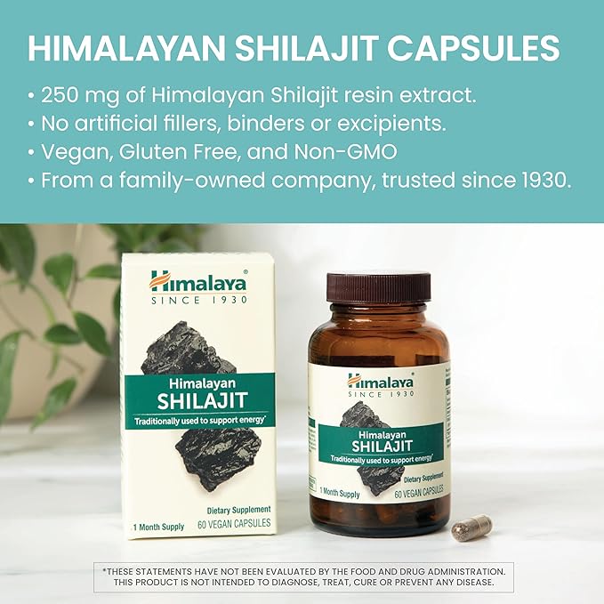 Himalaya Shilajit - Herbal Energy Supplements with Fulvic Acid and 85+ Trace Minerals, from Shilajit Resin, Vegan, Non-GMO, Gluten Free, 250 mg, 60 Capsules