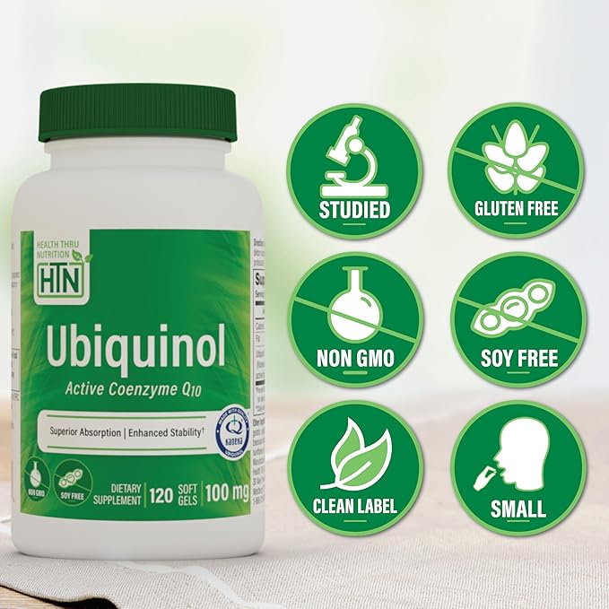 Health Thru Nutrition Ubiquinol 100mg 120 Softgels as Kaneka QH Reduced CoQ-10 | Stabilized - 3rd Party Tested | Enhanced Bioavailability | Cardiovascular & Mitochondria Function Support | Non-GMO