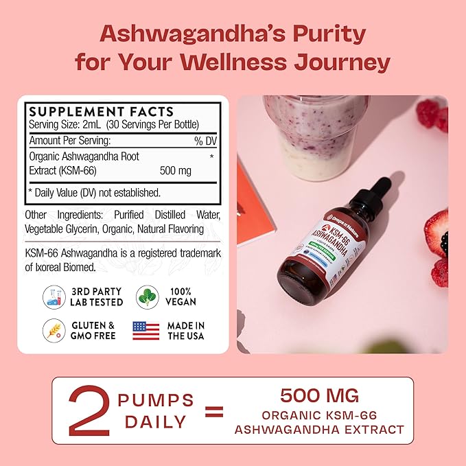 KSM-66 Ashwagandha Liquid Drops – Vegan, GMO Free & Fast Absorbing Form – Ashwagandha Supplements for Daily Wellness Support – Promotes Focus and Clarity – Supports Daily Vitality (Mixed Berry, 60ml)