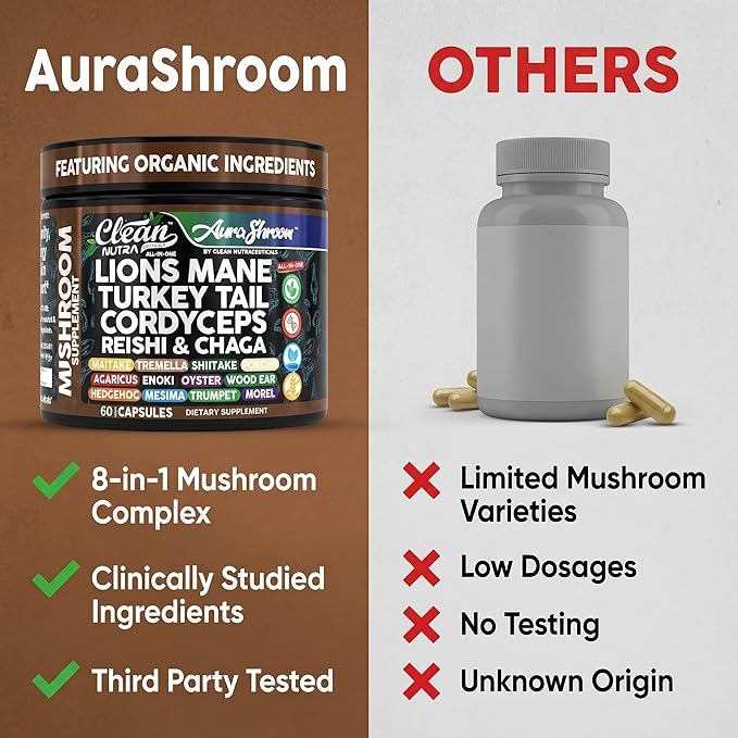 AuraShroom Mushroom Supplement Lions Mane Turkey Tail Cordyceps Reishi Shiitake Chaga Oyster Stress Relief Immune Support Nootropic Energy Portobello Mushrooms 60 Capsules By Clean Nutra