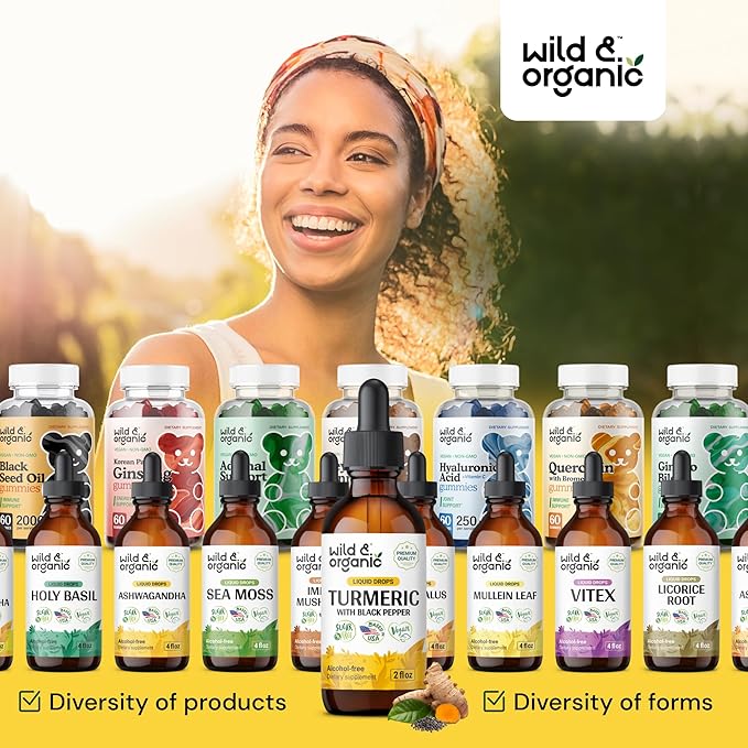 Wild & Organic Turmeric Curcumin Supplement with Black Pepper - Movement & Immune Support - Liquid Turmeric Curcumin with Black Pepper - Add to Tea Drops - Vegan, Sugar & Alcohol-Free Tincture - 2 oz