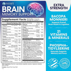 Brain Memory Supplement - 3X Strength Nootropics for Concentration, Clarity & Focus Support - Brain Health Cognitive Vitamins with Bacopa, Phosphatidylserine & DMAE, Brain Booster Pills, 60 Capsules