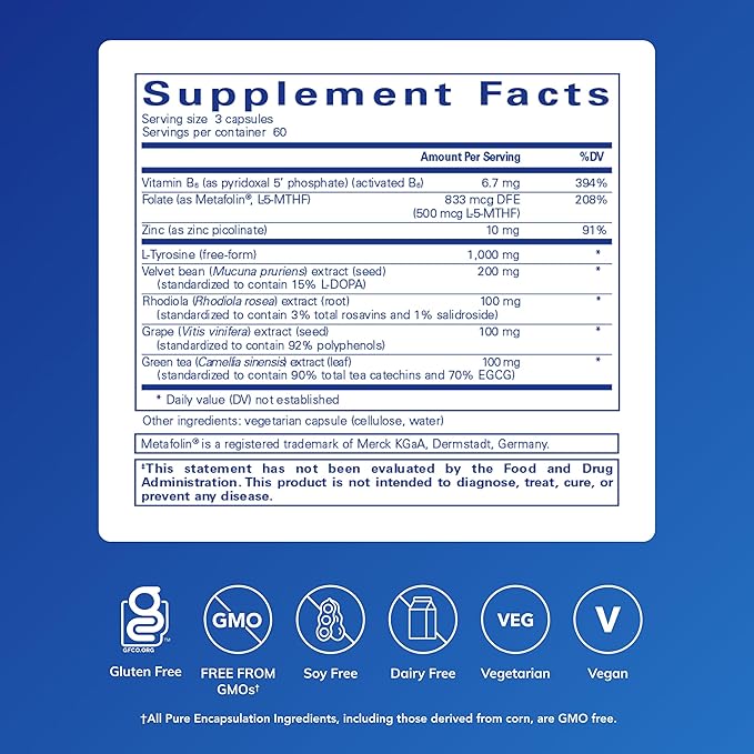 Pure Encapsulations DopaPlus - Supports Dopamine Production - for Daily Brain Function* - with L-Tyrosine, Folate, Vitamin B6 & L-5-MTHF - Non-GMO & Vegan - 180 Capsules