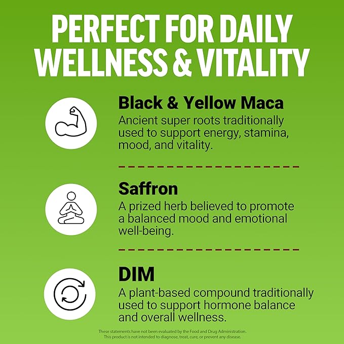 Force Factor Perfect Maca, Maca Root and DIM Supplement with Saffron to Boost Energy and Mood, with Yellow and Black Maca, Vitamins, Minerals, and Antioxidants, Dark Cherry Flavor, 60 Soft Chews