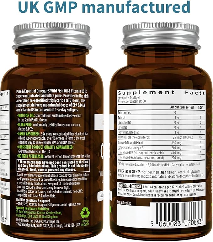 Igennus Advanced rTG Omega-3 IFOS Certified Wild Fish Oil & Vitamin D3, 1-a-Day, Fatty Acids EPA & DHA, Fast-Acting Triglyceride Form, Ultra Pure & Non-GMO, 60 Softgels