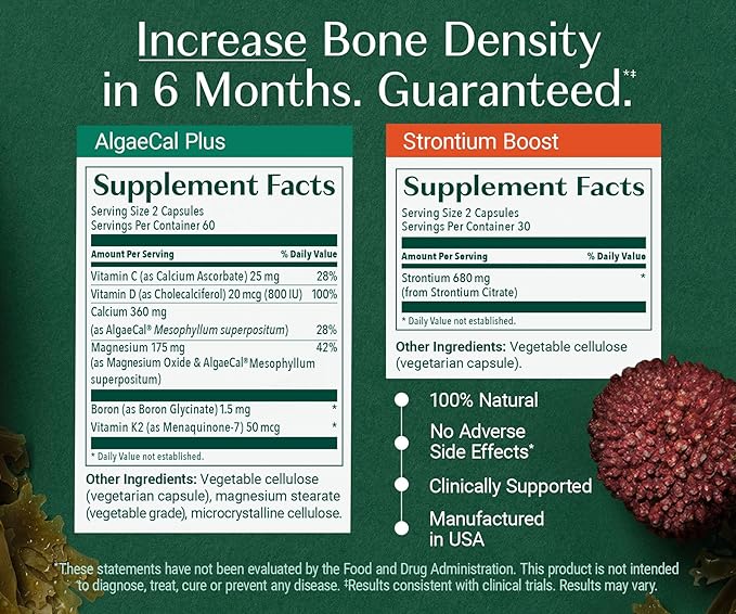 ALGAECAL Bone Builder Pack - Plant Based Calcium Supplement & Strontium - Organic Calcium 750mg with Vitamin D3 1600 IU, Vitamin K2, Magnesium, 16 Nutrients for Bone Health & Density (1-Month Supply)