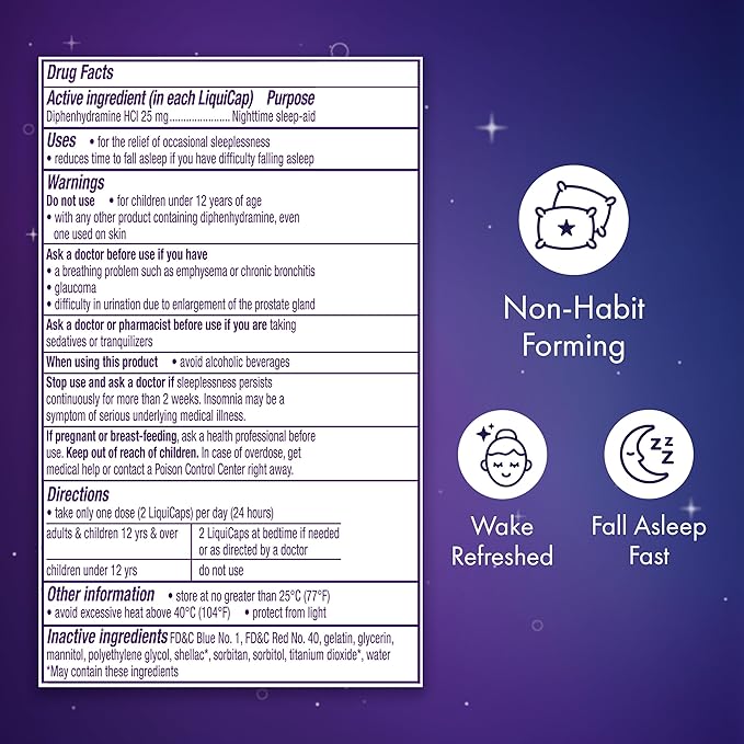 ZzzQuil LiquiCap Sleep Aid, Diphenhydramine 25mg HCl, Sleep Aids for Adults, Nighttime Sleep Aid, 72 LiquiCaps
