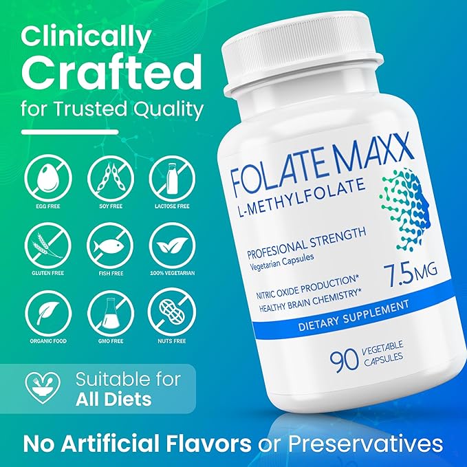 L Methylfolate 7.5mg – Methylfolate Supplement for Women & Men – High Potency Methylated Vitamin B9 5-MTHF for Energy, Mood & Focus – Non-GMO, Gluten-Free, 90 Capsules (3-Month Supply)