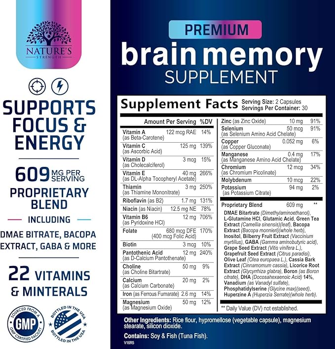 Brain Memory Supplement Pills - 3X Strength Nootropics for Concentration, Clarity & Focus Support - Brain Health Cognitive Vitamins with Bacopa, Phosphatidylserine & DMAE, Brain Booster - 60 Capsules