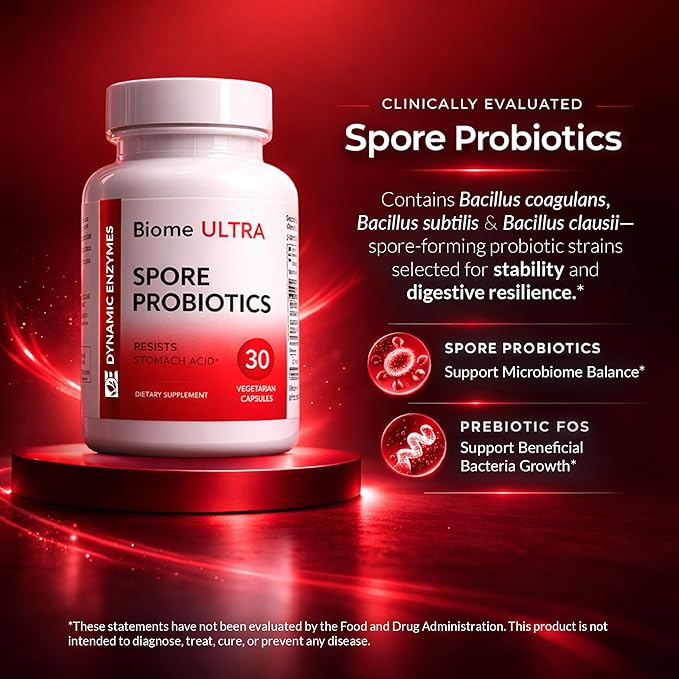 Biome Ultra Spore Probiotic + Prebiotic FOS (ProbioSEB CSC3) – 5 Billion CFU Per Capsule – Bacillus Coagulans, Subtilis & Clausii – Shelf-Stable Daily Probiotic for Gut & Microbiome Support – 30 Caps