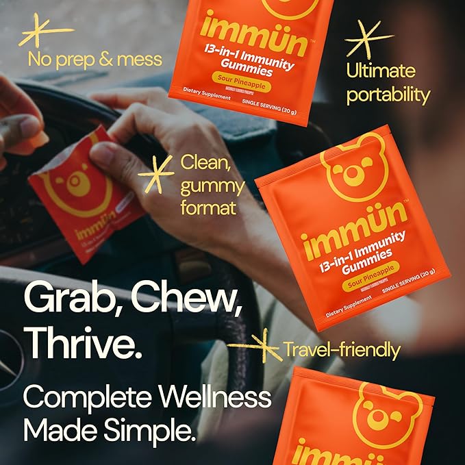 Grüns Immun Immunity Gummies with Vitamin C, Zinc, MCT Oil, & Turmeric - Daily Immune Support Supplement for Adults - Sour Pineapple Flavor (28 Count)