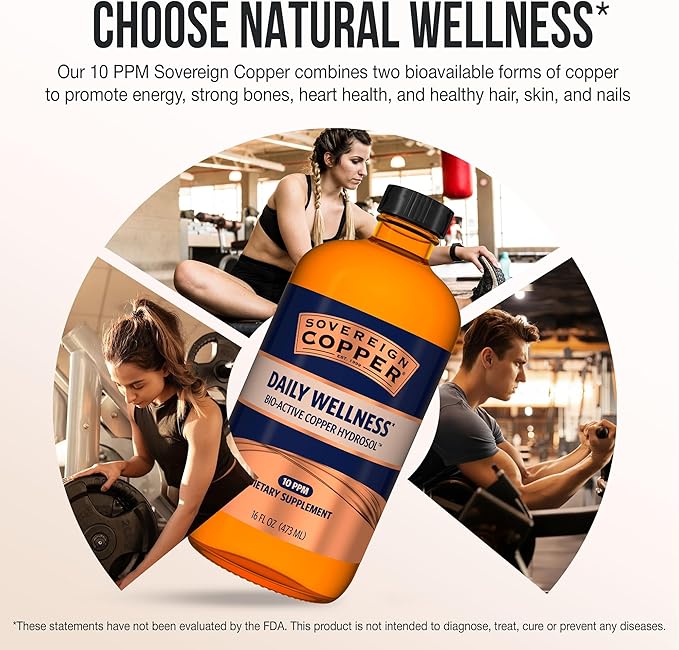 Sovereign Copper Bio-Active Copper Hydrosol, Daily+ 4-in-1 Wellness Supplement for Joint, Bone, Hair, Skin and Nails, Cardiovascular Health, Energy and Metabolic Health Support, 16 fl oz (473mL)