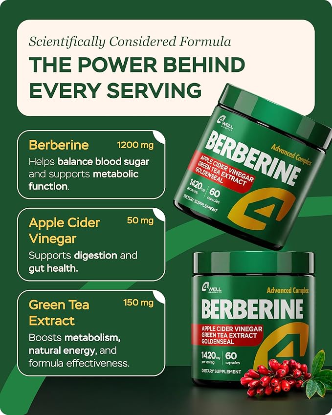 3-Pack Berberine Supplement - Triple Strength GLP-1 Activator w/Goldenseal, Apple Cider Vinegar, Green Tea Extract - Goldenseal Supplements, Digestive Health, Support Heart, Immune System, 180 Caps