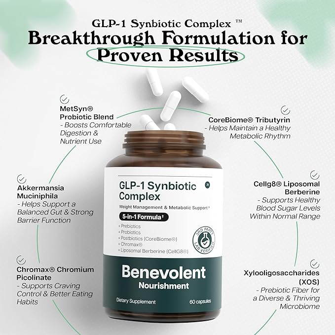 Benevolent Glp-1 Support | 5-in-1 Synbiotic with Akkermansia, MetSyn®, Chromax® & Liposomal Berberine | Natural GLP 1 Probiotics Supplement for Weight Management & Metabolic Balance, 60 Ct