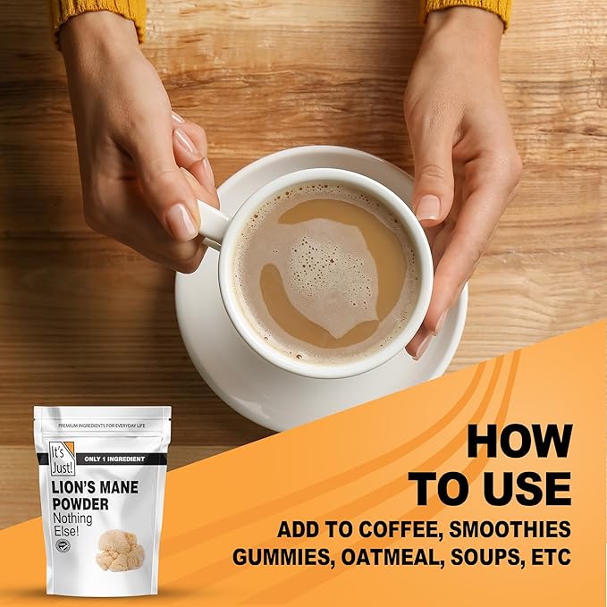 It's Just! - Lion's Mane Mushroom Powder, Natural Raw Superfood, Brain Support, Immune Health, Boost Energy, Non-GMO, 8oz
