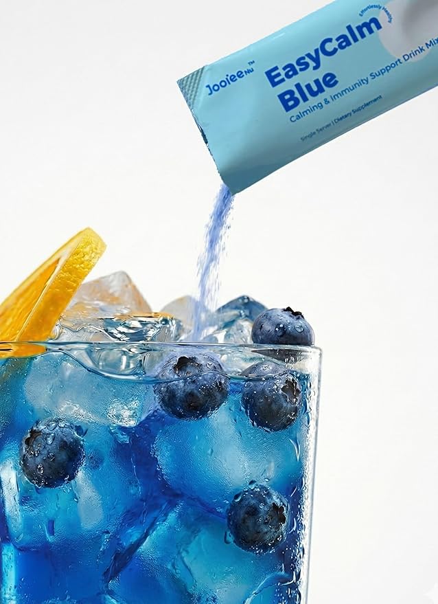 Easy Calm Blue - Calming Drink Mix with Magnesium KSM-66 Ashwagandha & Blue Spirulinac L-theanine Lion's Mane Mushroom GABA Vitamin D3 Supports Cortisol Balance Mood Sleep