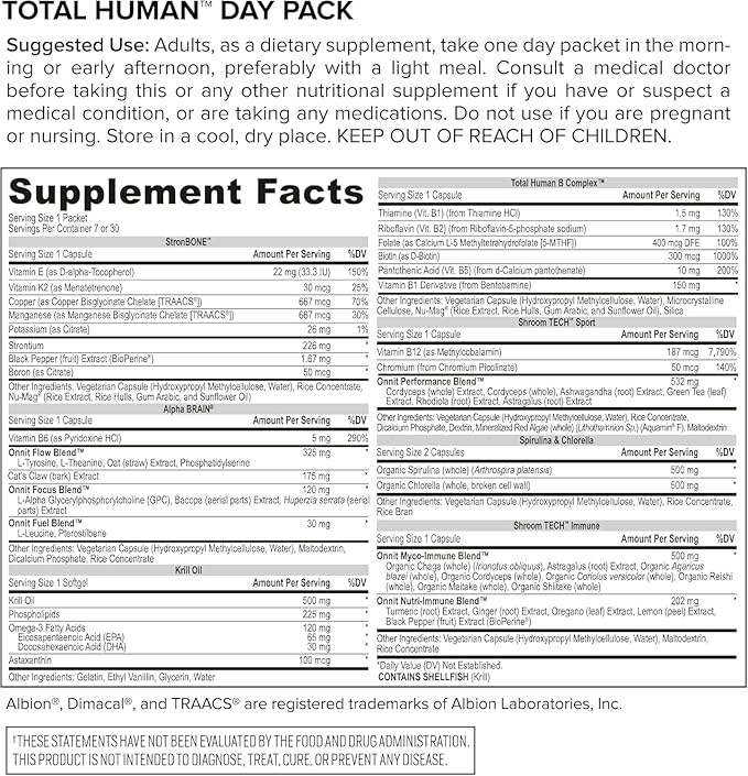 ONNIT Total Human Adult Multivitamin Comprehensive Capsule Packs with Day and Night Support, Daily Vitamin Packs for Men and Women, Dietary Supplement Capsules, 30-Day Supply, 60 Packs